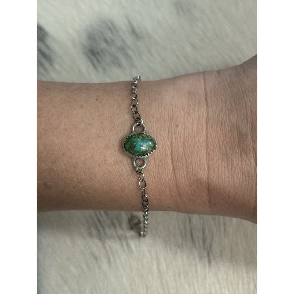 Sterling Silver Green Sonoran Gold Turquoise Oval Link Bracelet Stacker 8.25”